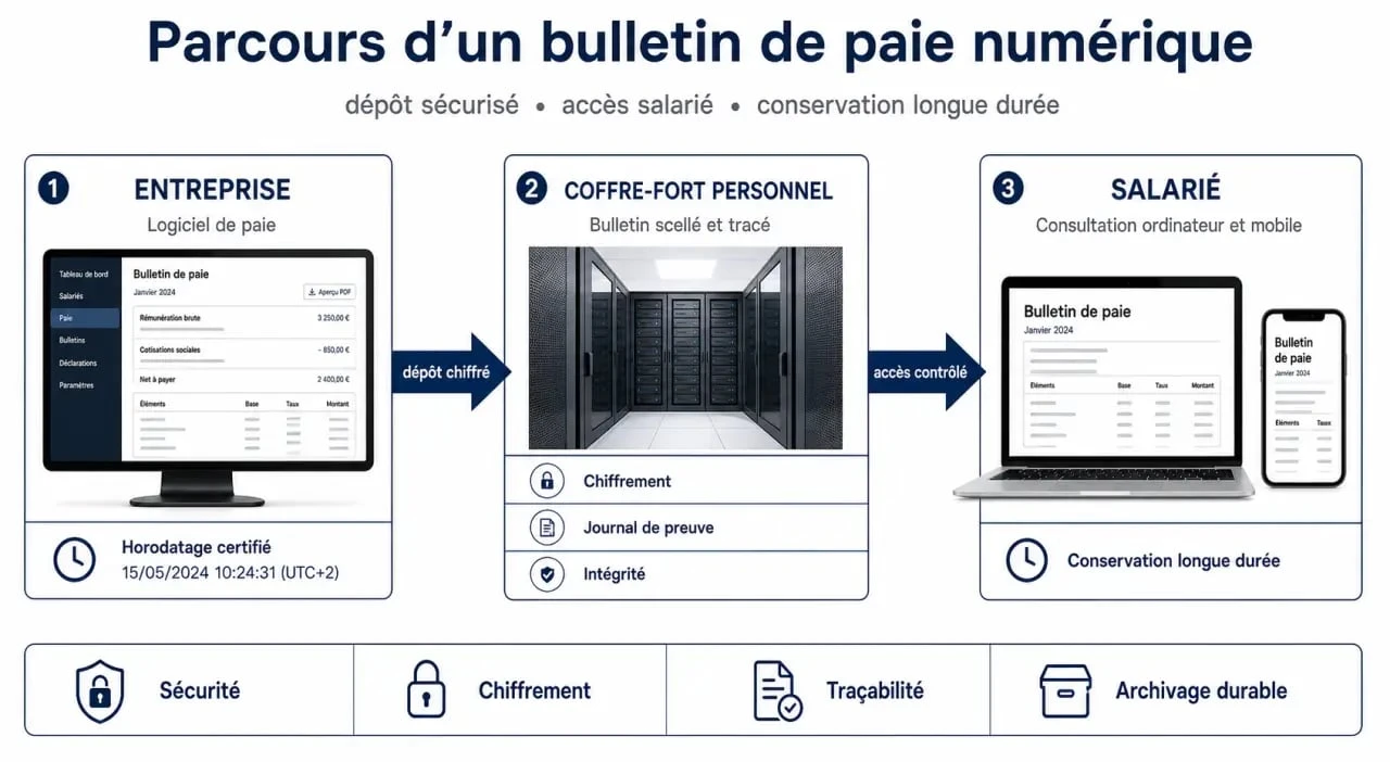 Schéma du coffre fort paie montrant le dépôt sécurisé des bulletins de paie et l'accès du salarié