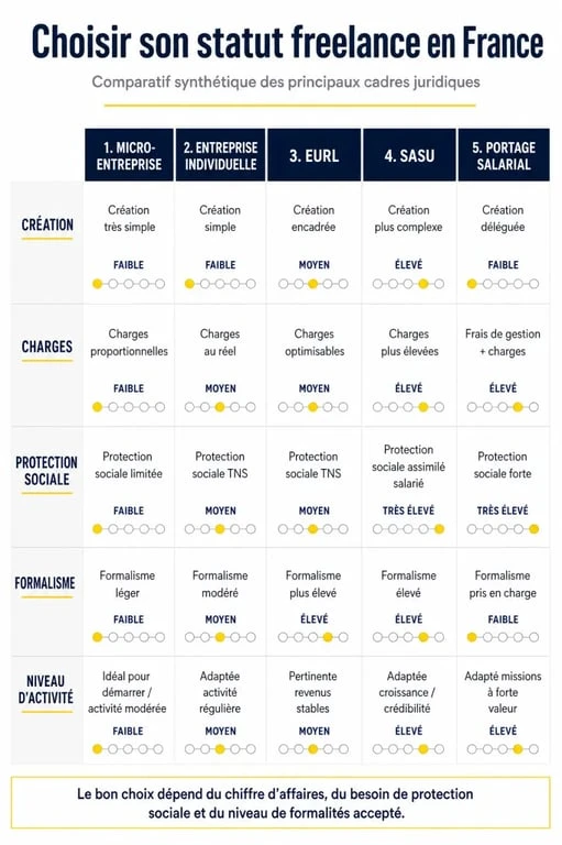 Quel statut pour un freelance : infographie comparative des statuts micro-entreprise, entreprise individuelle, EURL, SASU et portage salarial