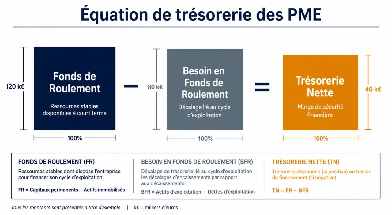 Infographie explicative de la formule de la trésorerie nette pour optimiser la gestion de trésorerie des PME