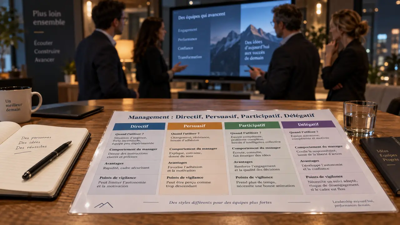différents types de management : styles directif, persuasif, participatif, délégatif en réunion