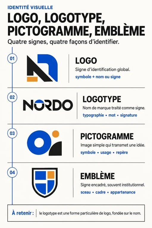 Infographie sur la définition du logotype et la différence entre logo, pictogramme et emblème