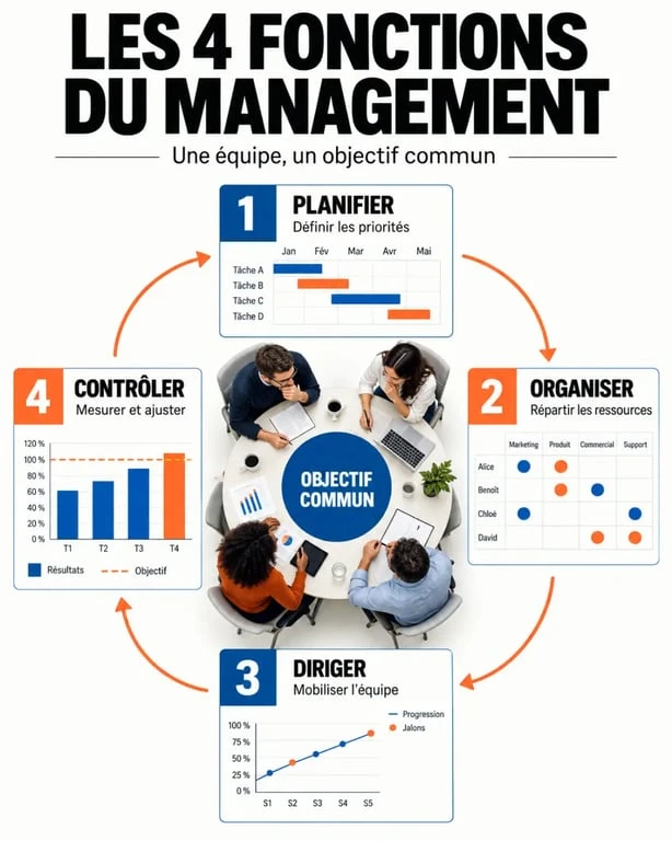Définition management : infographie des quatre fonctions planifier organiser diriger contrôler