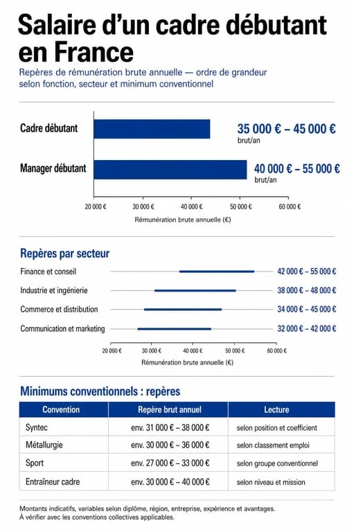 Salaire cadre débutant : comparaison des niveaux de rémunération et minimums conventionnels