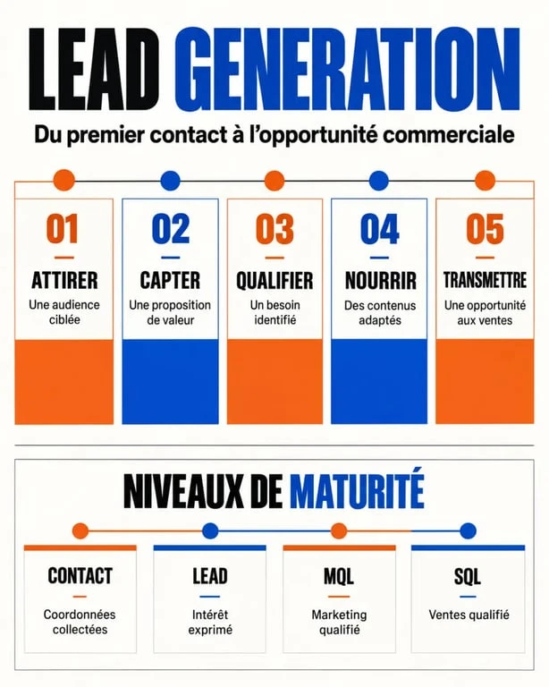 Infographie sur la lead generation definition et les étapes de qualification d'un lead