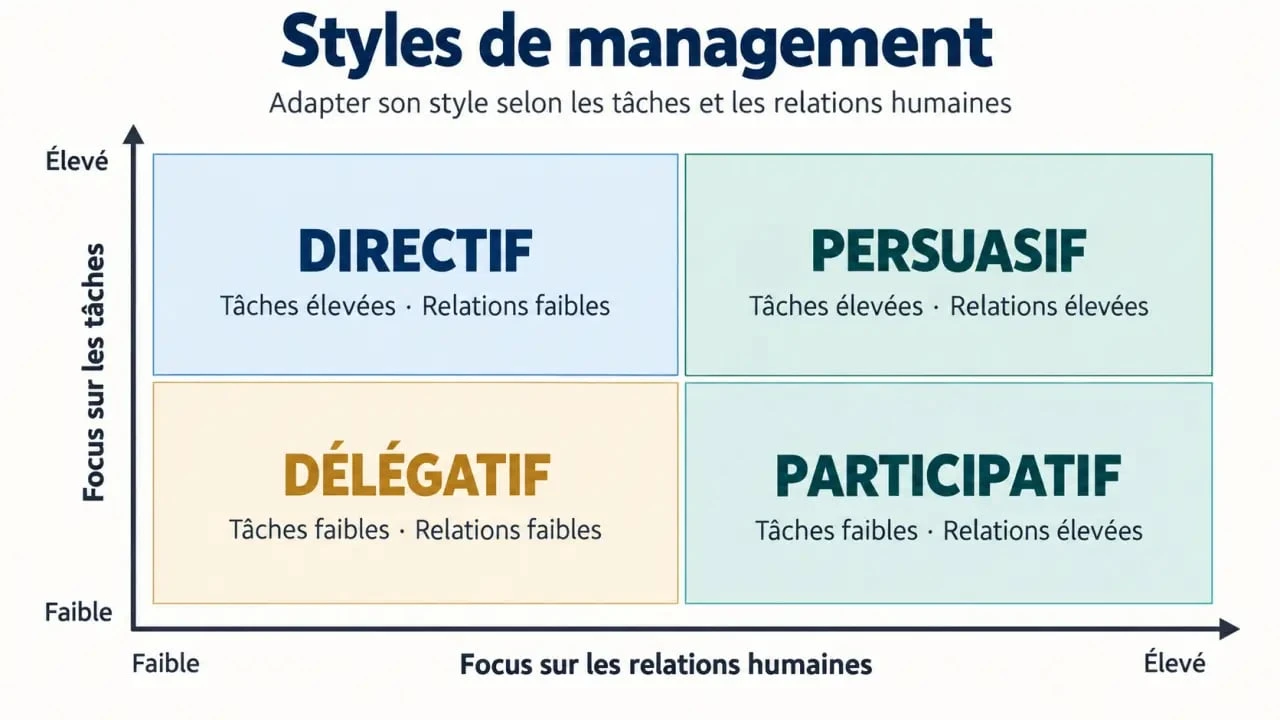 Matrice des différents types de management : directif, persuasif, participatif et délégatif
