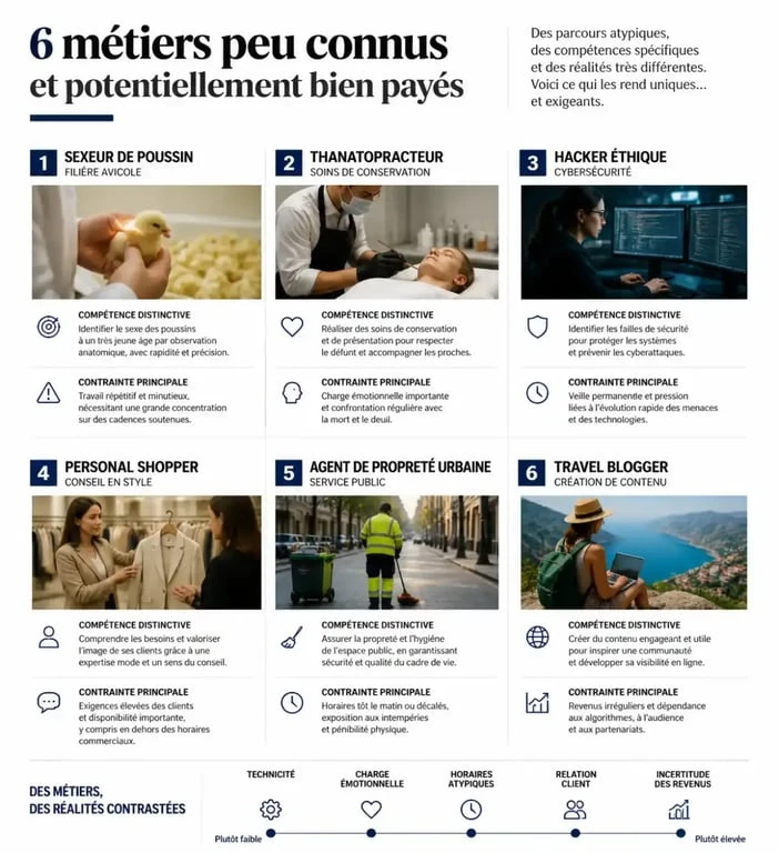 Infographie des métiers peu connus bien payés et de leurs principales contraintes