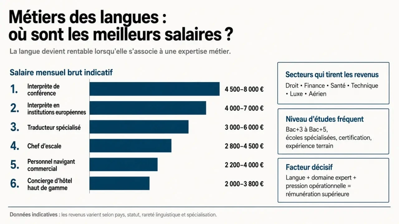 Comparatif des métiers langues bien payés avec salaires et spécialisations