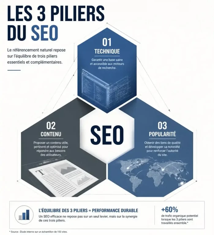 Schéma des trois piliers pour optimiser SEO : technique, contenu et popularité