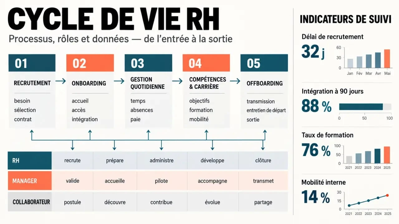 Illustration du cycle de vie d'un processus ressources humaines, du recrutement à l'offboarding