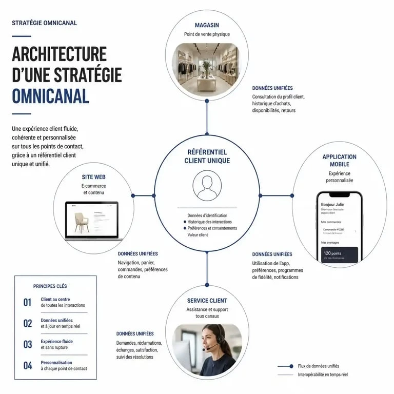 Schéma d'une stratégie omnicanal reliant tous les points de contact autour d'une vision client unique