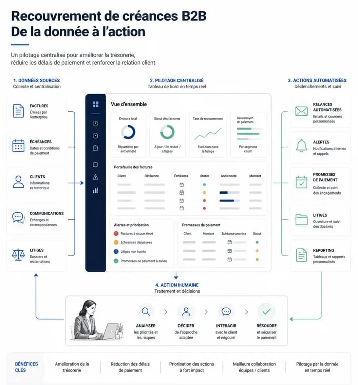 Logiciel de recouvrement de créances : tableau de bord des relances, litiges et paiements B2B