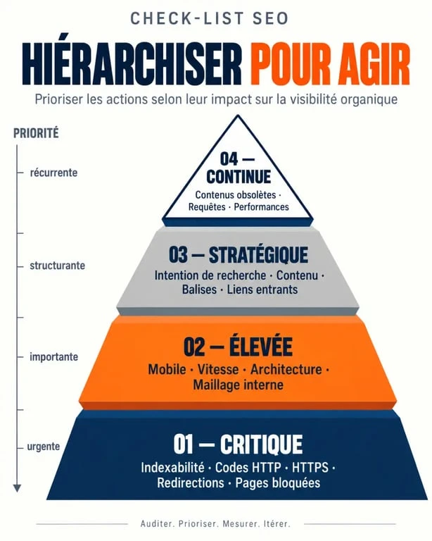 Infographie de hiérarchisation d'une check list SEO par niveaux de priorité