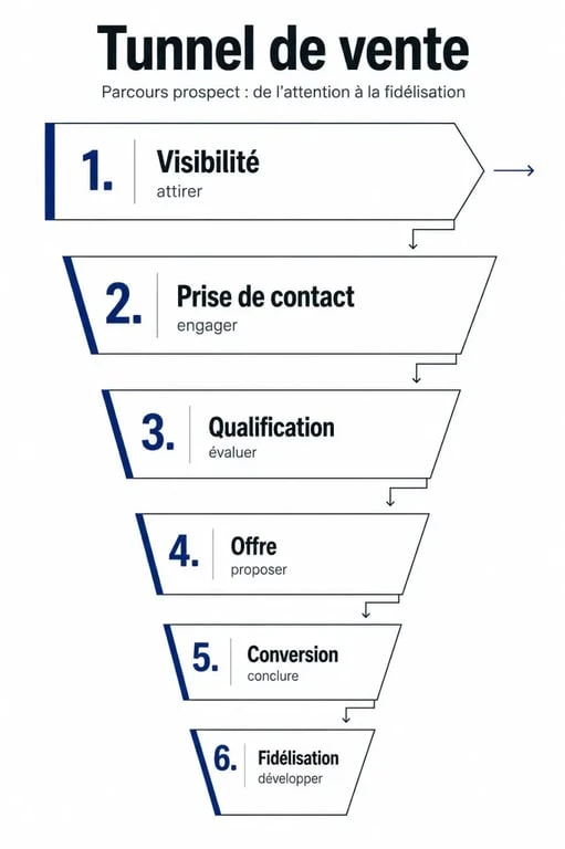 Tunnel de vente definition : schéma des étapes visibilité, prise de contact, qualification, offre, conversion et fidélisation