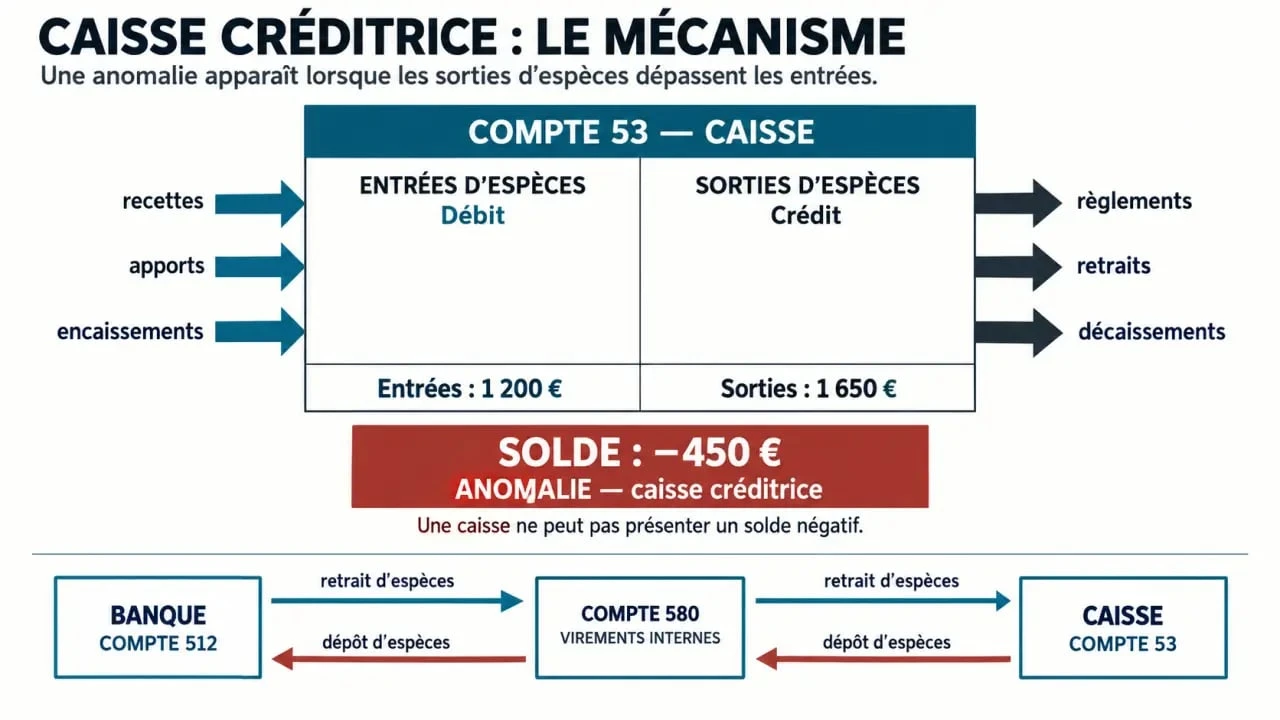 Schéma explicatif d’une caisse créditrice, du compte 53 et des virements internes par le compte 580