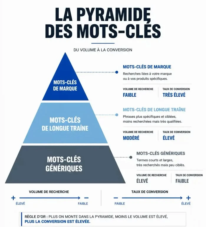 Pyramide des mots-clés SEO : génériques, longue traîne et mots-clés de marque