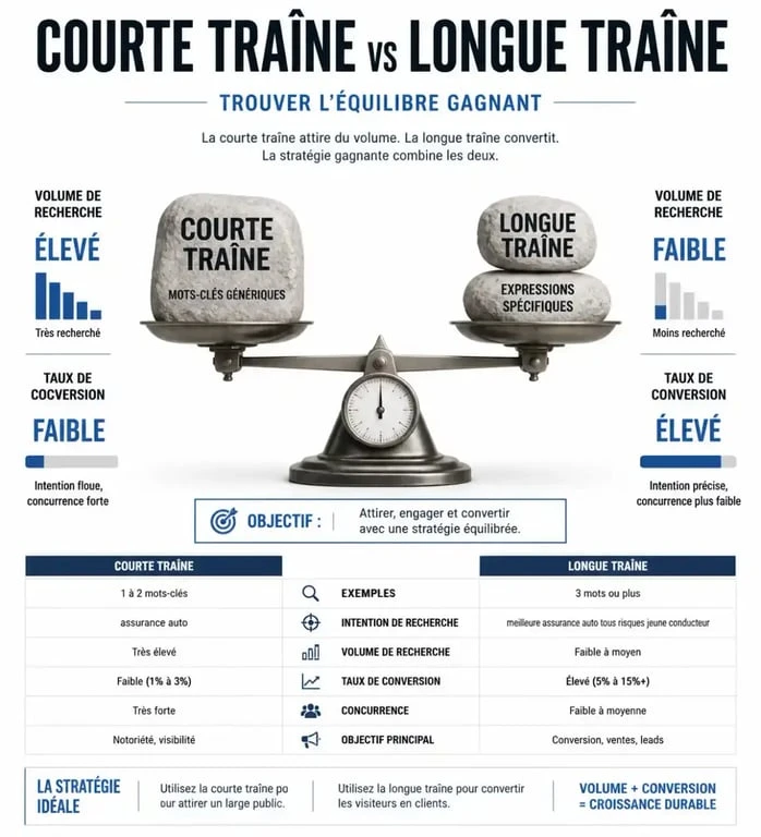 Infographie comparant la courte traîne et la longue traîne dans une stratégie de mots-clés