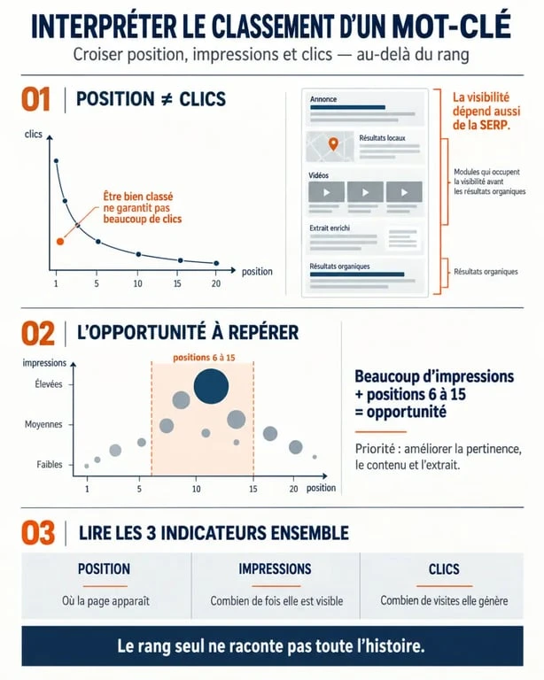 Infographie sur le classement Google d’un mot-clé et l’analyse des impressions et des clics