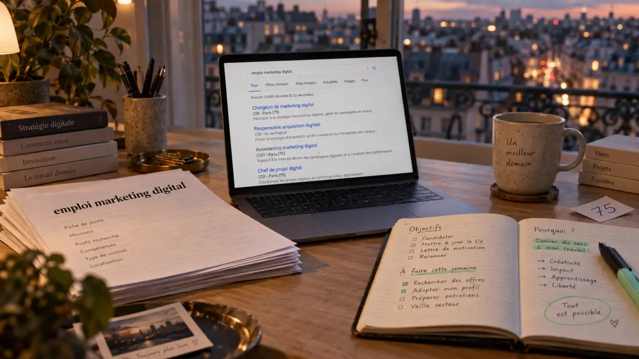 Emploi marketing digital Paris : recherche d’offres sur ordinateur au bureau