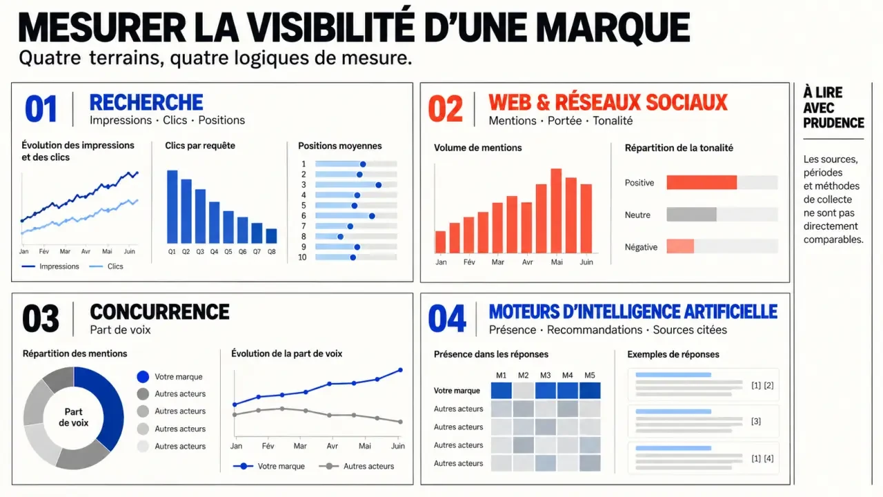 Outils de mesure de visibilité de marque selon les canaux : recherche, Web, réseaux sociaux et intelligence artificielle