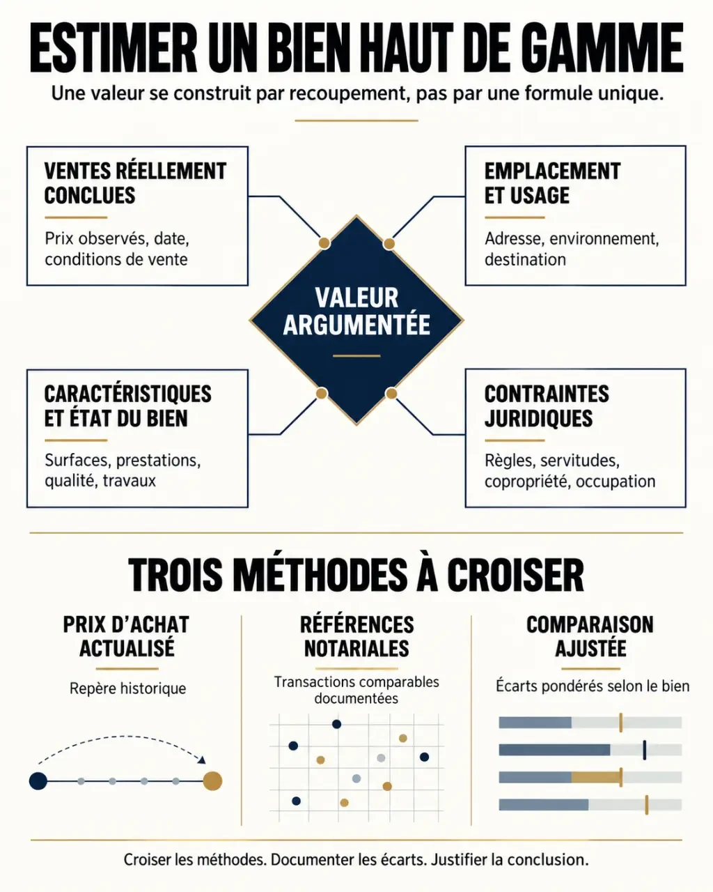Infographie sur les méthodes pour estimer un bien immobilier haut de gamme à partir des ventes, de l’emplacement et des prestations