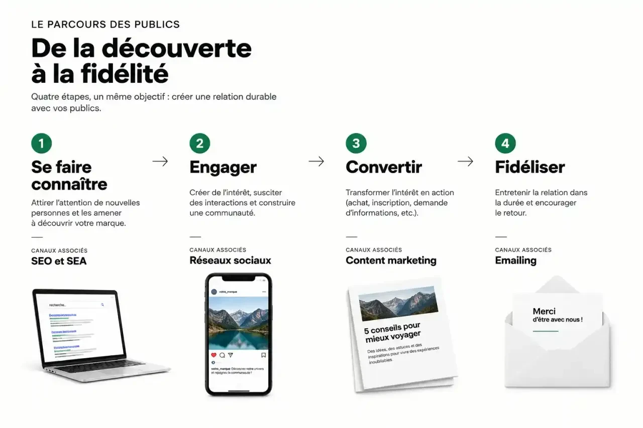 Schéma du parcours des publics et des canaux d'un conseil en communication digitale, de la notoriété à la fidélisation