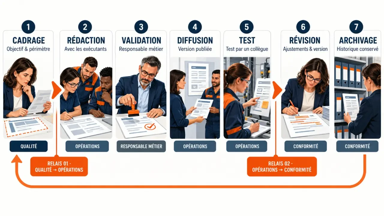 Cycle de vie d'une fiche de procédure, de la rédaction à la validation et à la révision