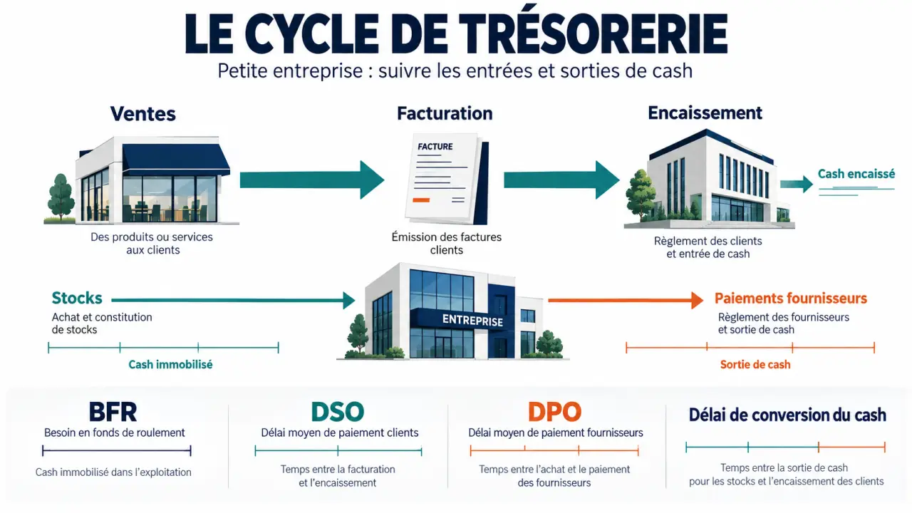 Infographie pour optimiser la gestion de trésorerie d'une petite entreprise avec le cycle des encaissements, des stocks et des paiements fournisseurs
